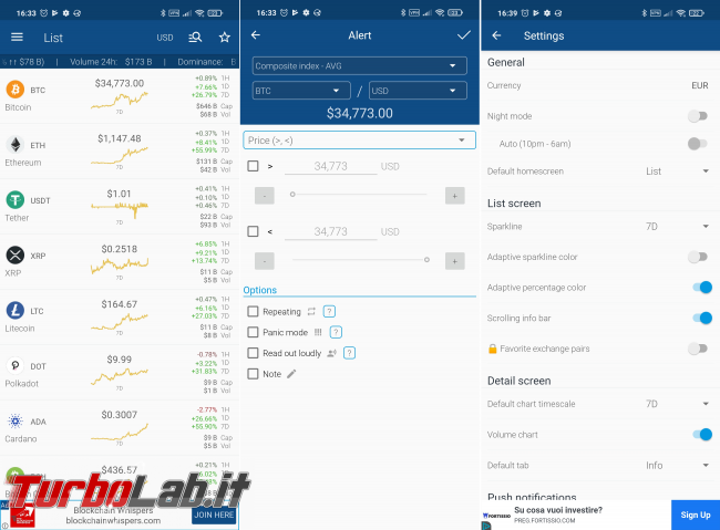Valore Bitcoin aggiornato app ricevere notifiche/avvisi variazione prezzo smartphone Android - the crypto app price alert