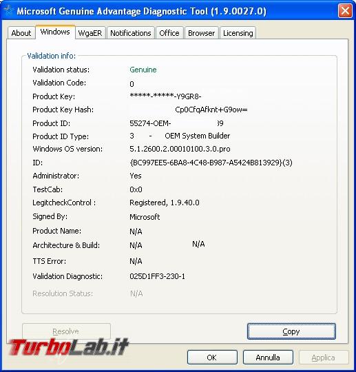 Verificare attivazione Windows cambio numero licenza