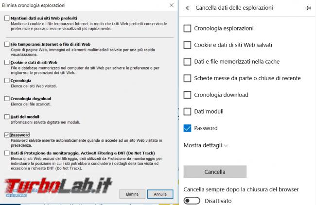 Visualizzare rimuovere password memorizzate edge Internet Explorer 11 Windows 10