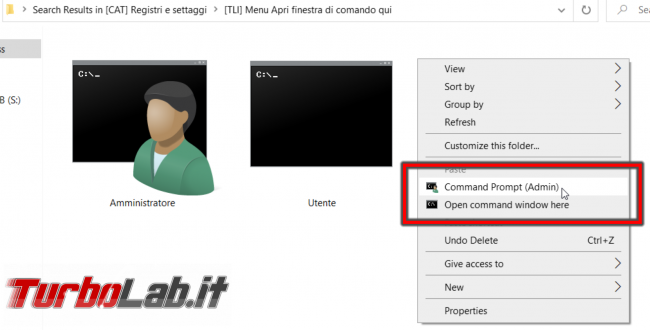Windows 10: come aggiungere Apri finestra comando qui (Prompt comandi Amministratore) menu contestuale cartelle dischi