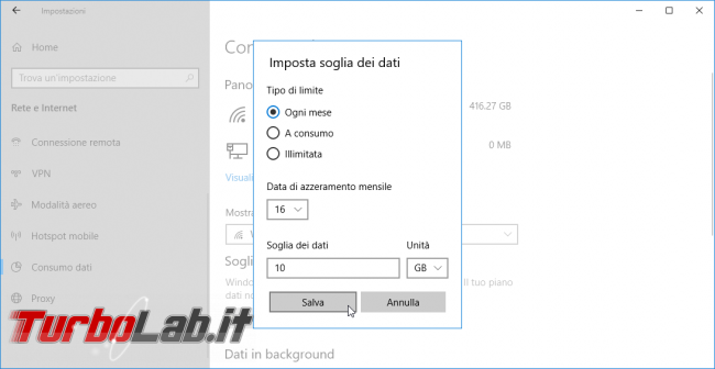 Windows 10: come impostare connessione consumo ridurre giga rete mobile (smartphone tether / router 4G LTE) - windows 10 imposta soglia dati