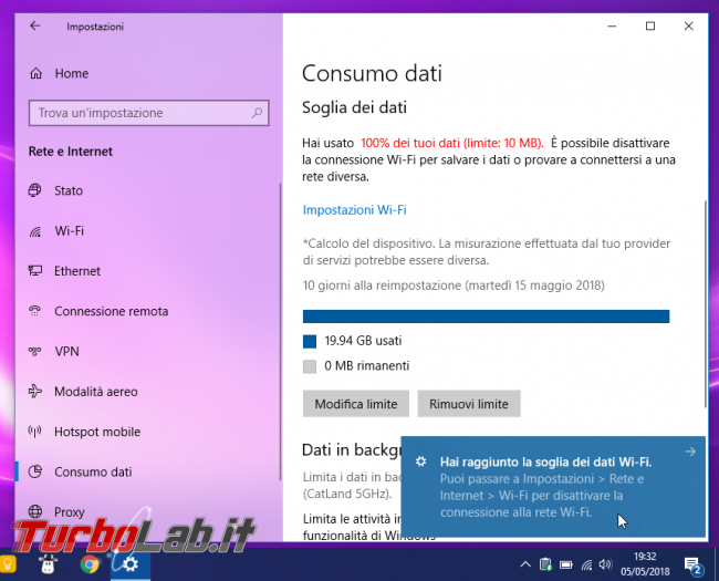 Windows 10: come limitare giga consumati mese (volume dati Internet connessione 3G/4G LTE/5G) - Mobile_zShot_1525541558