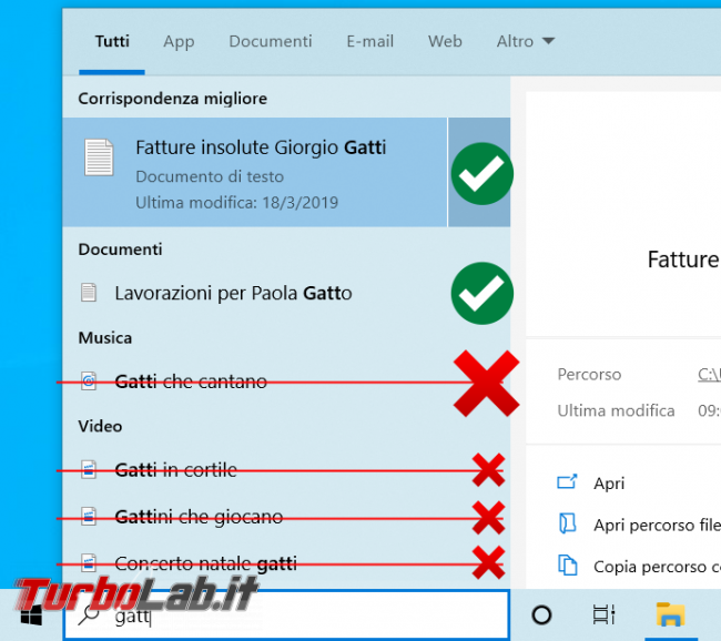 Windows 10: come rimuovere musica, foto altri file ricerca menu Start / Cortana (escludere cartelle / directory) - escludi risultato ricerche menu start