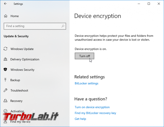 Windows 10 Home, Crittografia dispositivo: come attivare/disattivare crittografia automatica disco, come funziona - screen_xps_1568135006