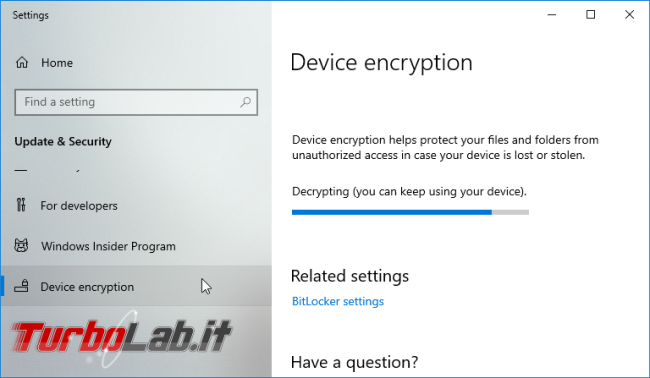 Windows 10 Home, Crittografia dispositivo: come attivare/disattivare crittografia automatica disco, come funziona - screen_xps_1568382675
