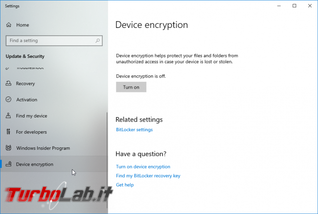 Windows 10 Home, Crittografia dispositivo: come attivare/disattivare crittografia automatica disco, come funziona - screen_xps_1568382815