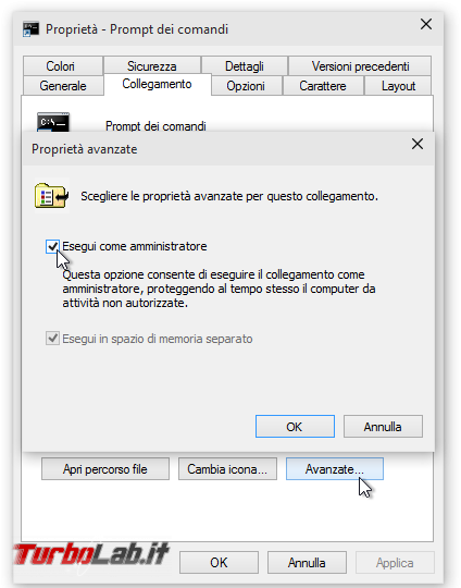 Windows 10, Prompt comandi: accesso negato - come aprire (sempre) &quot;Prompt comandi&quot; Amministratore - Proprietà - Prompt dei comandi