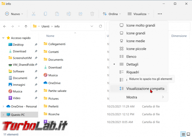 Windows 11: Come attivare Visualizzazione compatta Esplora file ridurre spaziature file cartelle - zShotVM_1635587404