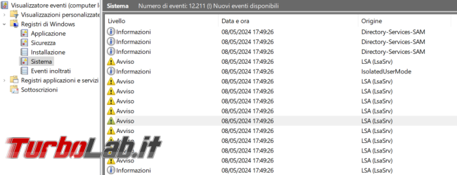 Windows 11 Home l’Evento 6155 LSA (LsaSrv), come far scomparire avvisi