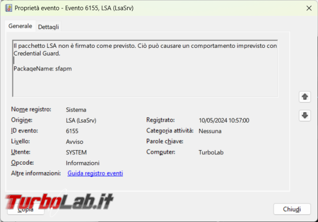 Windows 11 Home l’Evento 6155 LSA (LsaSrv), come far scomparire avvisi