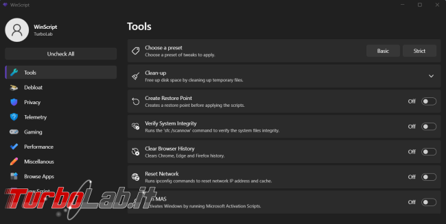 Winscript tool open source configurare meglio Windows