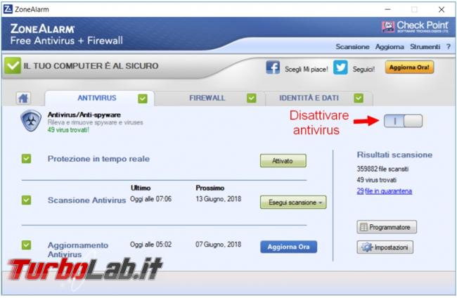 ZoneAlarm Free antivirus firewall prova TurboLab.it