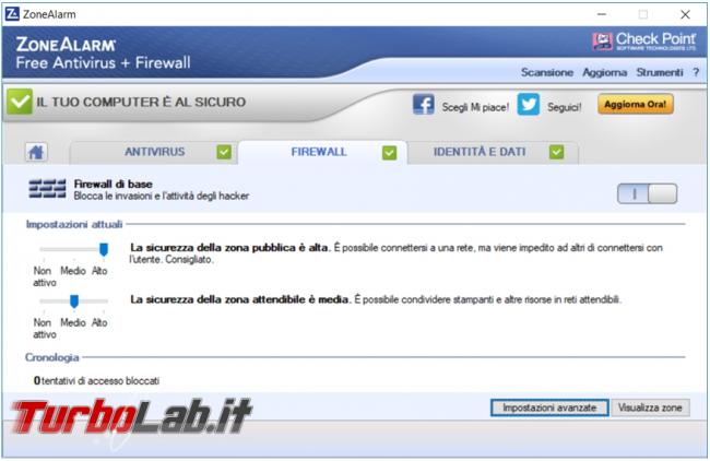 ZoneAlarm Free antivirus firewall prova TurboLab.it