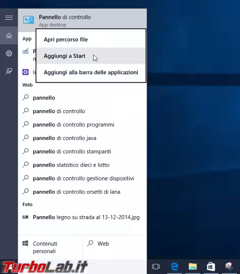 Immagine 10 windows 10 pannello di controllo aggiungi a start