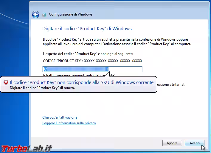 Immagine 4 windows 7 product key sku non corrispondent