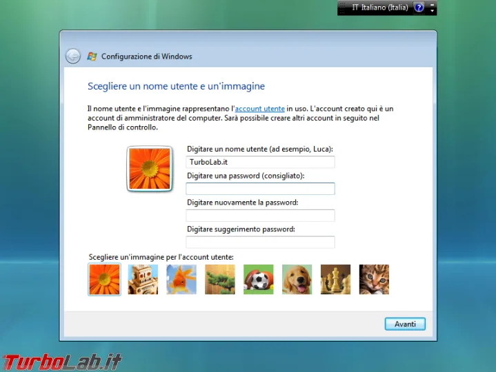 Immagine 9 windows vista setup scelta username password Immagine 9 windows vista setup scelta username password