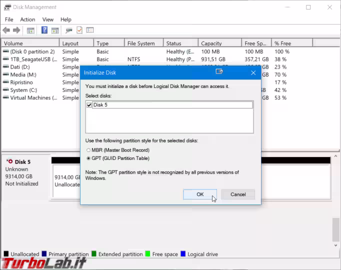 Immagine 6 windows gestione dischi inizializzazione gpt mbr