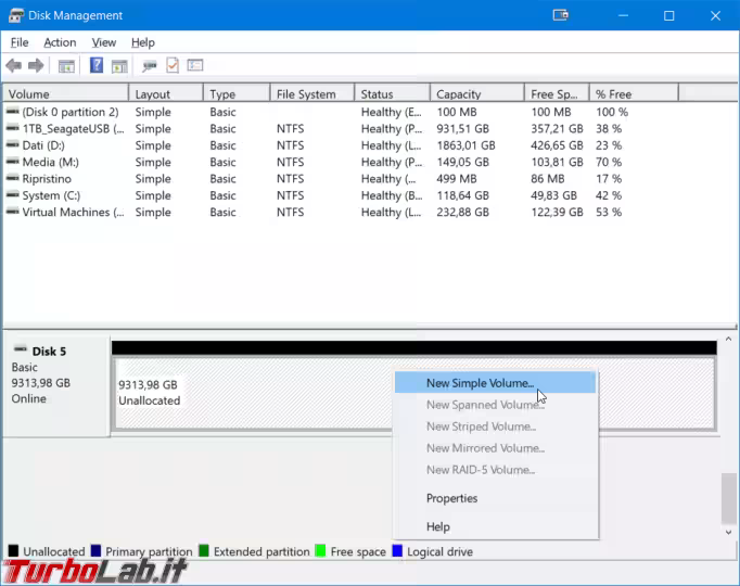 Immagine 4 windows gestione dischi non allocato unallocated volume semplice simple volum
