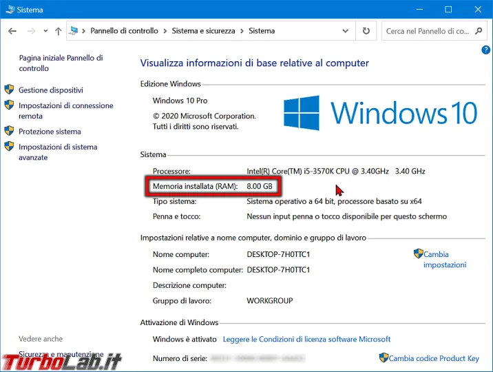 Immagine 7 windows 10 pannello di controllo sistema ram