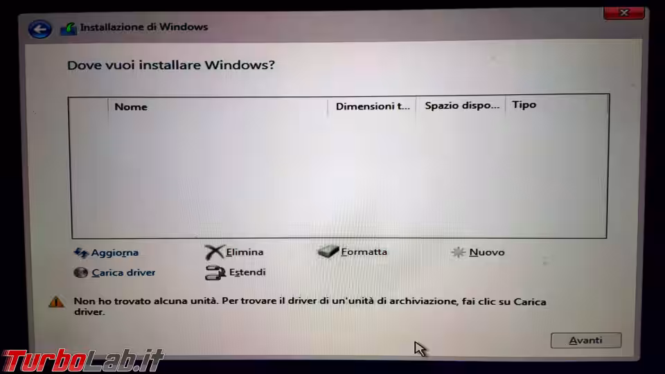 Immagine 2 windows setup nessun disco trovato