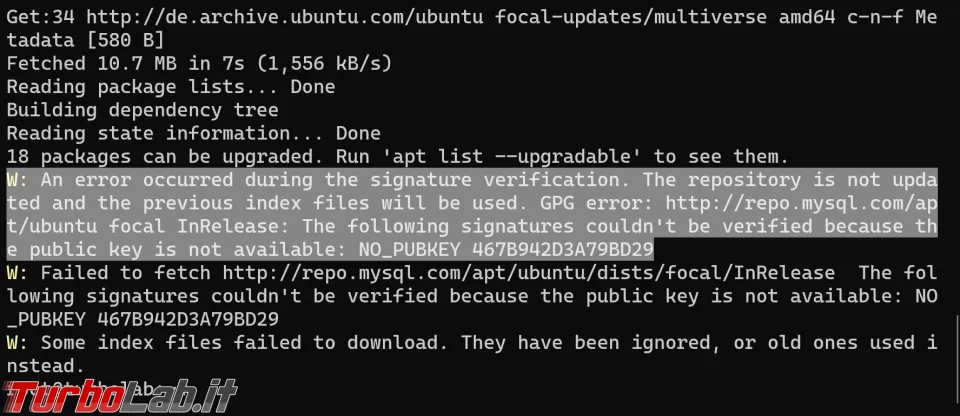Linux (Ubuntu): come risolvere l'errore EXPKEYSIG B7B3B788A8D3785C (oppure NO_PUBKEY 467B942D3A79BD29) e MySQL che non si aggiorna (aggiornato: novembre 2025)