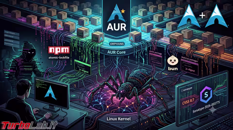 Attacco "Atomic Arch": 408 pacchetti AUR compromessi con rootkit eBPF e infostealer (aggiornato: 12 giugno 2026, ore 20:25)