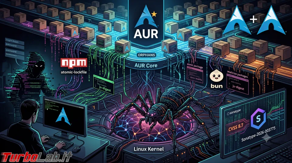 Attacco "Atomic Arch": 408 pacchetti AUR compromessi con rootkit eBPF e infostealer (aggiornato: 12 giugno 2026, ore 20:25)