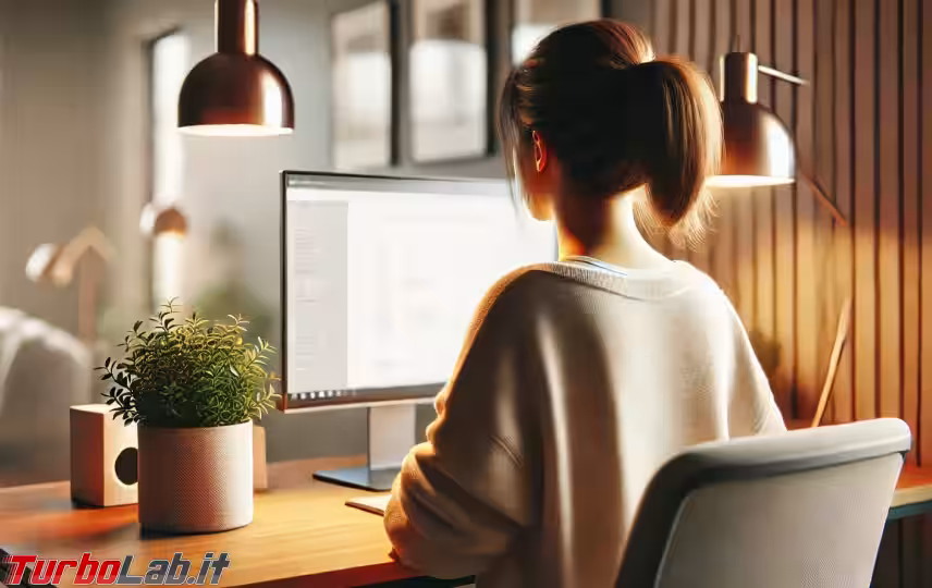 Immagine 1 DALL·E 2024-11-29 08.10.27 - A realistic image of a young woman sitting at a computer, viewed from behind. She is working at a modern desk that also has a small potted plant on it