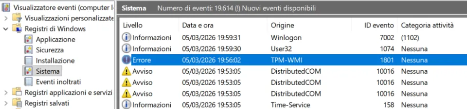 Errore evento 1801 TPM-WMI, di cosa si tratta? (aggiornato: marzo 2026)