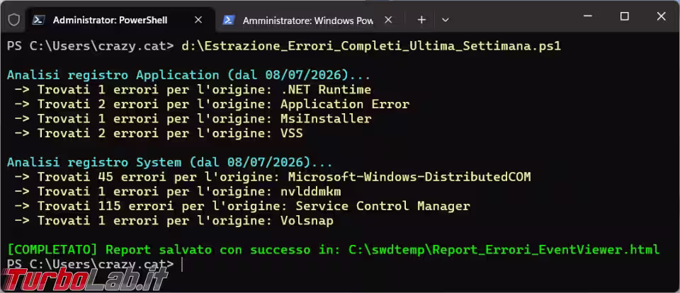 Gli script PowerShell per estrarre gli errori dal visualizzatore eventi di Windows (aggiornato: luglio 2026)