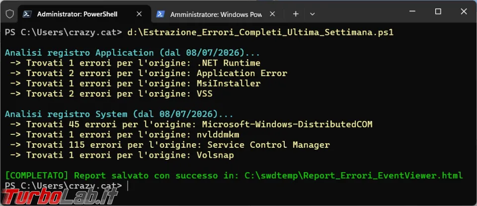 Gli script PowerShell per estrarre gli errori dal visualizzatore eventi di Windows (aggiornato: luglio 2026)